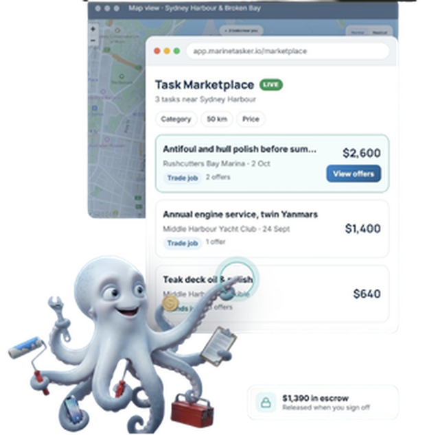 MarineTasker task marketplace listing three jobs near Sydney Harbour with prices, a map view of Sydney Harbour and Broken Bay behind it, the MarineTasker octopus holding trade tools alongside, and a badge confirming $1,390 held in escrow until the job is signed off