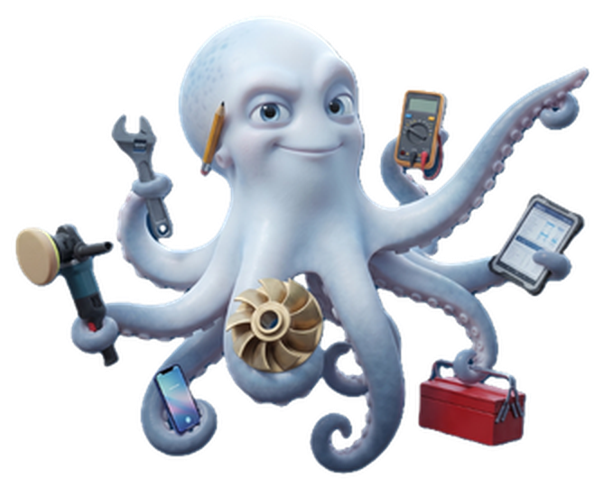 MarineTasker brand mascot octopus holding a wrench, buffer, phone, multimeter, tablet and toolbox